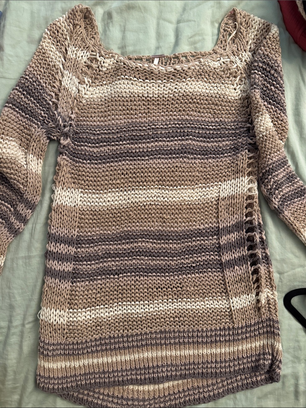 Free People Striped Scoop Neck Sweater in Beige & Taupe